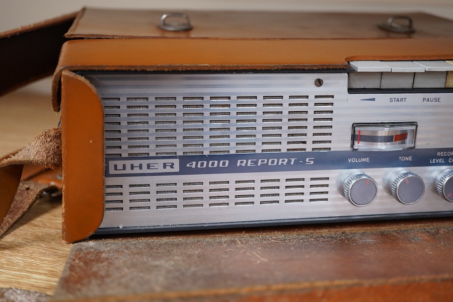 A mid-1960s leather cased portable Uher 4000 Report-S reel-to-reel recorder